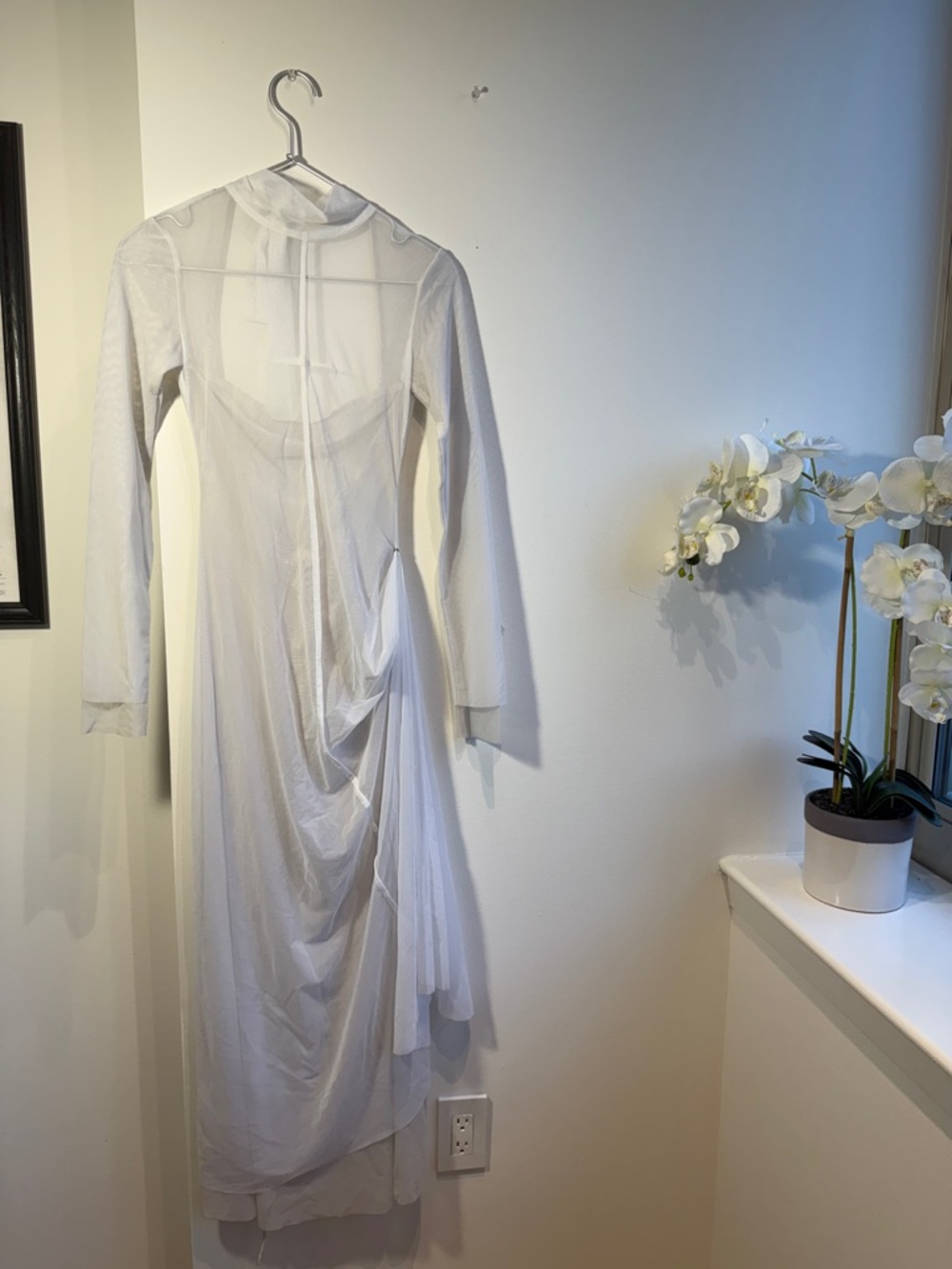 Couturière Semi Sheer Mock Neck Overlay Maxi Dress in Soft Gray